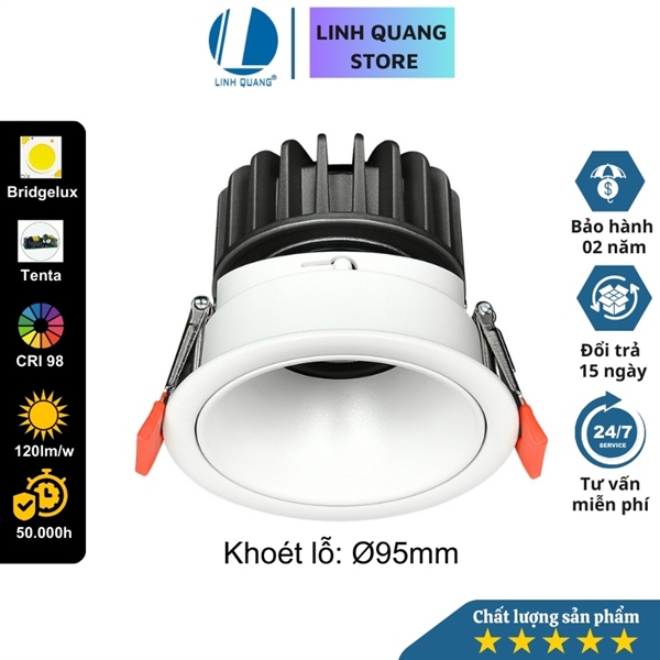 Đèn Led âm trần Spotlight SM2, lỗ khoét 95mm, vỏ trắng chóa trắng