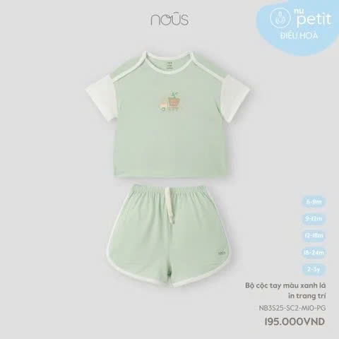 Nous Bộ cộc tay màu xanh lá in trang trí