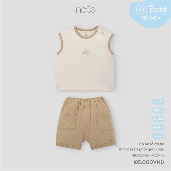 Nous Bộ ba lỗ áo be in trang trí phối quần nâu