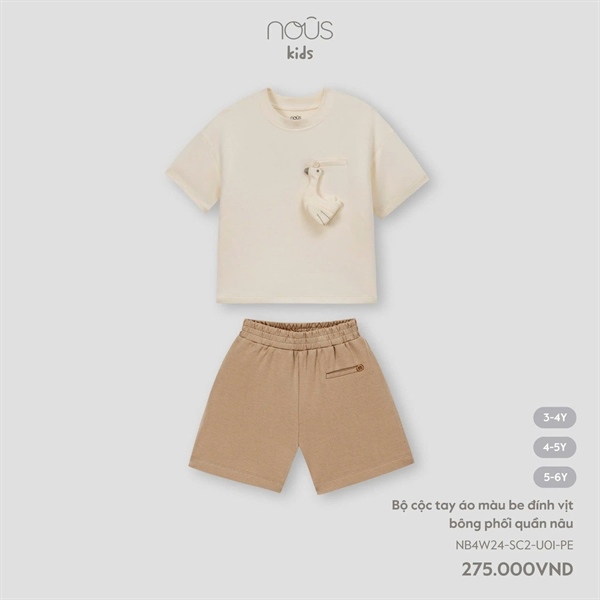 Nous Bộ cộc tay áo màu be đính vịt bông phối quần nâu