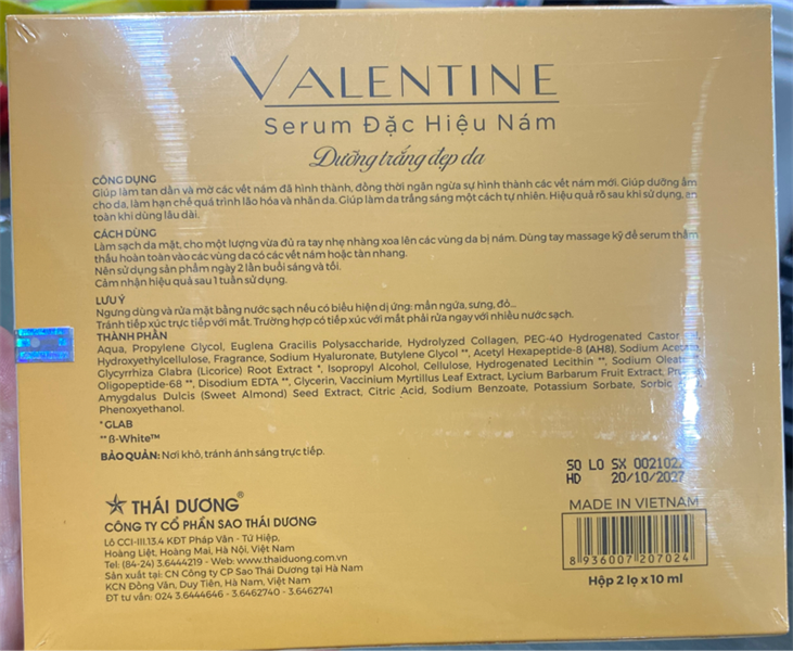 Valentine Serum đặc hiệu trị nám (Hộp 2 lọ x 10ml) Sao Thái Dương 2