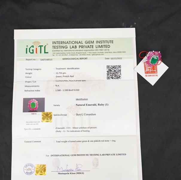 Nhẫn Tara vàng 10k ngọc lục bảo + lá tourmaline đính kim cương kèm giấy kiểm định KG+