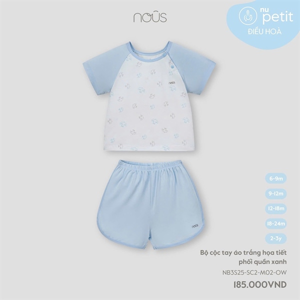 Nous Bộ cộc tay áo trắng họa tiết phối quần xanh