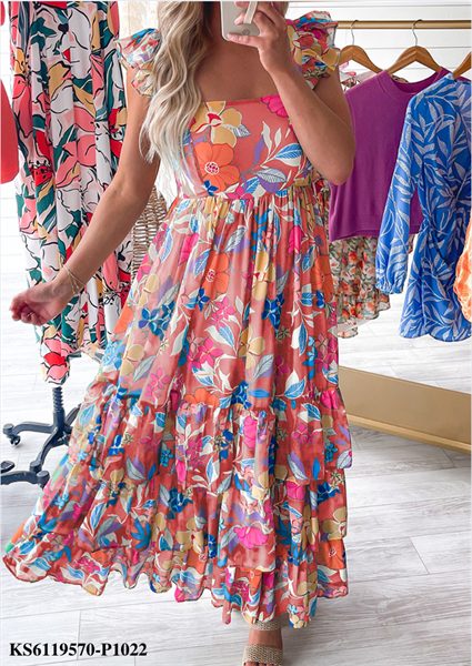 Pink Floral Print Sleeveless Ruffle Tiered Maxi Dress