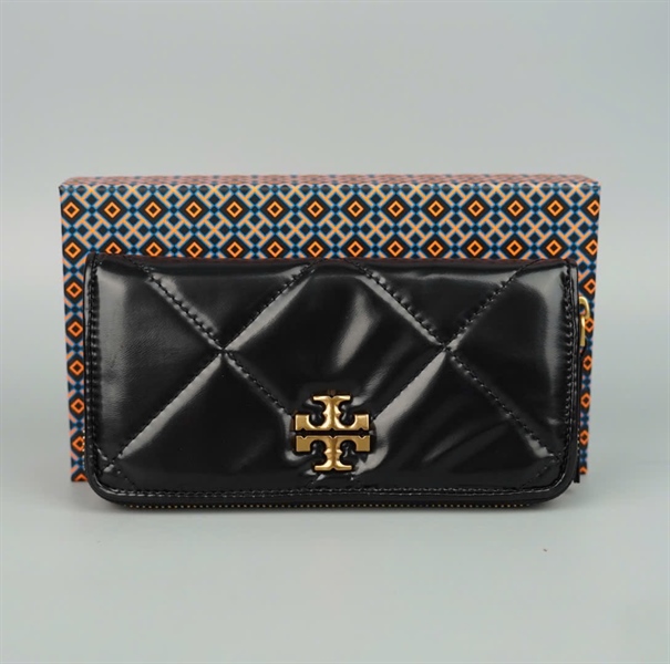 Ví Tory Burch đen khóa zip logo vàng+
