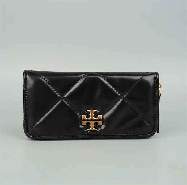 Ví Tory Burch đen khóa zip logo vàng+