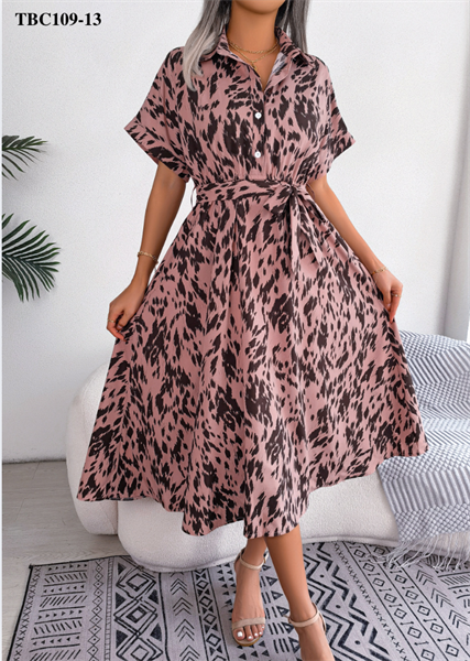 Casual Loose Leopard Print Lace-up Shirt Dress