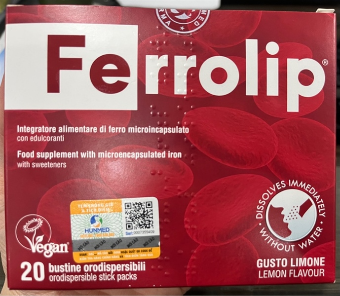 Ferrolip (Bổ sung sắt, Hỗ trợ tạo hồng cầu) (Hộp 20 gói) - Italia