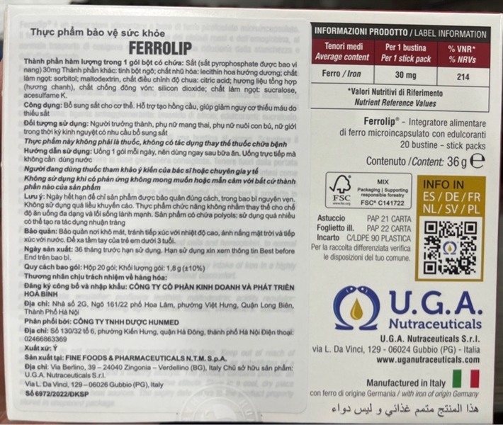 Ferrolip (Bổ sung sắt, Hỗ trợ tạo hồng cầu) (Hộp 20 gói) - Italia 2