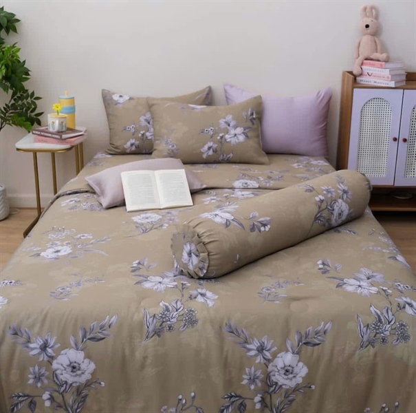 Bộ drap 4 món Tencel Microfiber họa tiết hoa trắng lá xám nền xanh rêu đậm