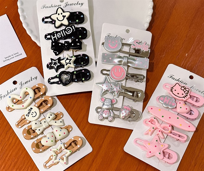 Set 5 vỉ kẹp kim loại, họa tiết chấm bi, (5 kẹp mỏ vịt/vỉ), mix, SP1492