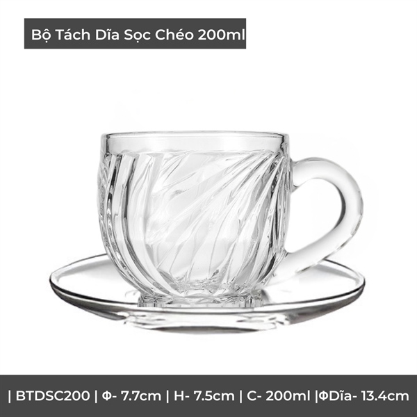 Bộ 6 Tách Kèm Dĩa Thuỷ Tinh Có Quai Cầm Hoạ Tiết Sọc Chéo Dung Tích 200ML Sang Trọng - BTDSC200