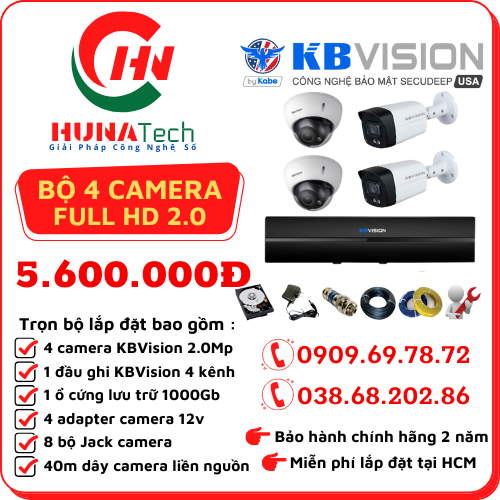 TRỌN BỘ 04 CAMERA KBVISION 2.0MP Full HD 1080P