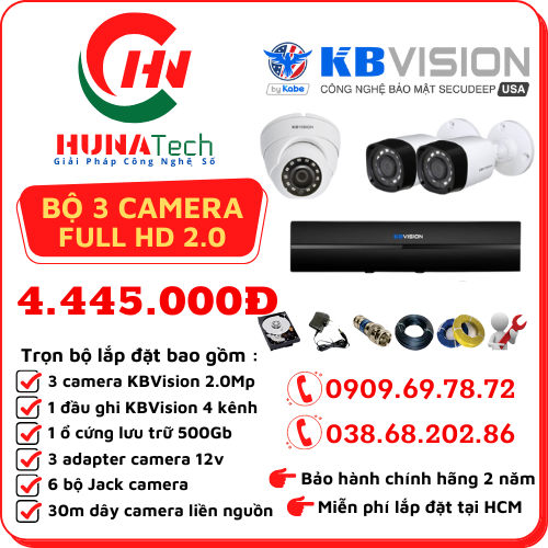 TRỌN BỘ 03 CAMERA KBVISION 2.0MP Full HD 1080P