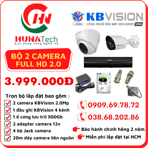 TRỌN BỘ 02 CAMERA KBVISION 2.0MP Full HD 1080P