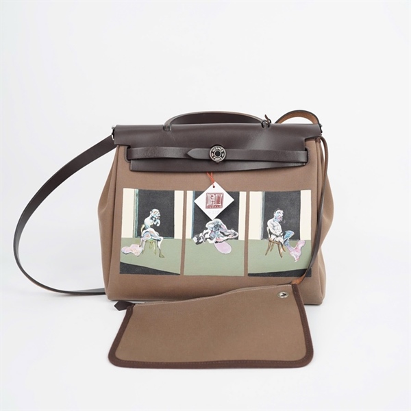 Túi Hermes nâu in hình kèm ví + ổ + 2 chìa sz30 KG+