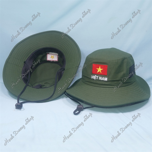 Nón tai bèo lính nam thêu Lá Cờ Việt Nam vành rộng 7cm, size đầu 60cm có lỗ thông gió bên hông nón