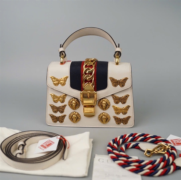 Túi GG Sylvie trắng in bướm 2strap sz20 KG+