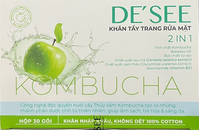 De' See Khăn tẩy trang rửa mặt 2 in 1 (Tinh chất Kombucha từ Táo) (Hộp 30 gói) - De' See