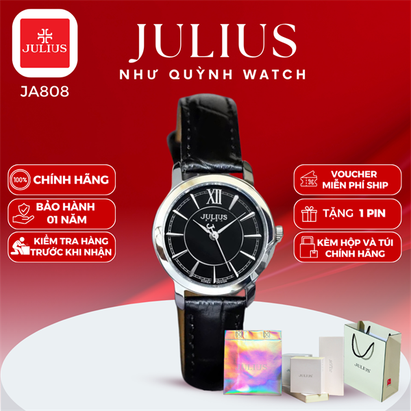 Đồng hồ nữ Julius Hàn Quốc Ja-808LB dây da (Đen mặt đen)