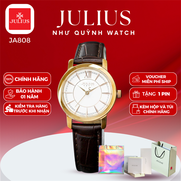 Đồng hồ nữ Julius Hàn Quốc Ja-808LE dây da (Nâu mặt vàng))