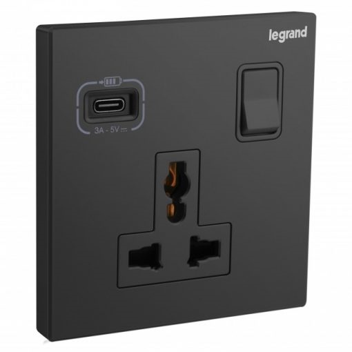 Ổ cắm đơn đa năng có công tắc 16A + USB Type C, màu đen mờ