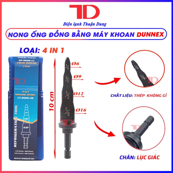 Nong ống đồng bằng máy khoan phi 6 (1/4"), 10 (3/8"), 12 (1/2"), 16 (5/8"), (Gia công + cắt dây CNC), model CT-900S-4S - Dunnex (thùng 100 bộ)