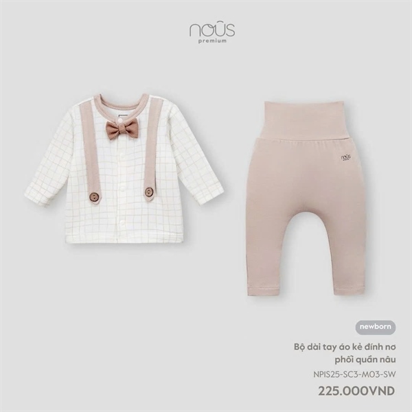 NS5000 - NB Bộ dài tay áo kẻ đính nơ phối quần nâu Nous