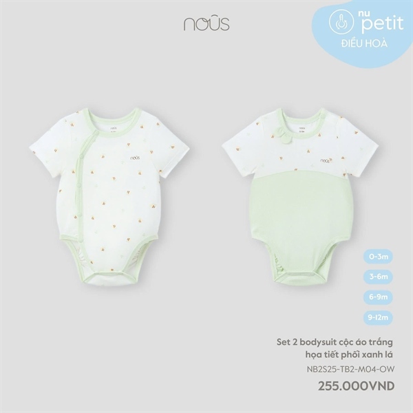 NS4002 - 3M/9M Set 2 bodysuit cộc áo trắng họa tiết phối xanh lá Nous
