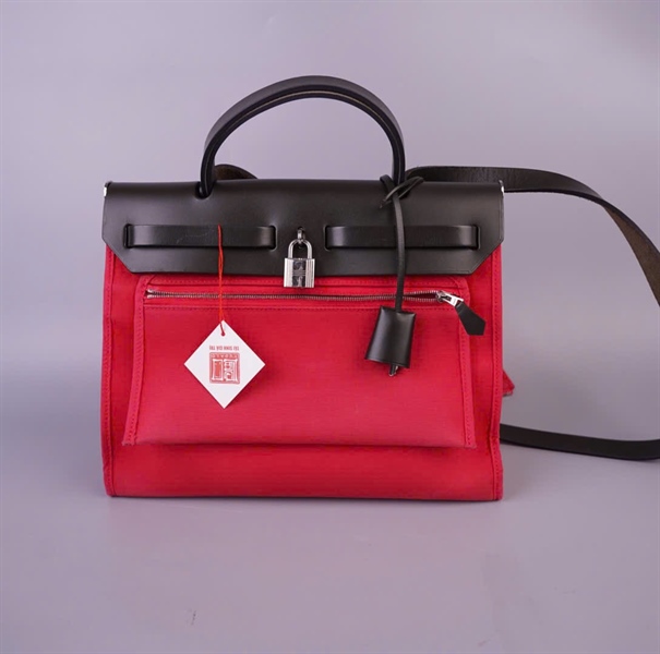 Túi Hermes Herbag hồng nắp nâu kèm ví + ổ + chìa sz31 (BMC) KG+