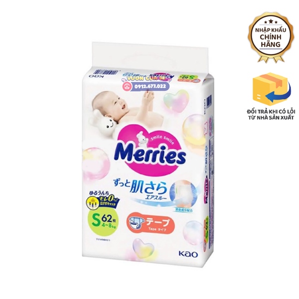 Bỉm Merries Nhật Bản Size 02 S dán 62 (4-8kg)