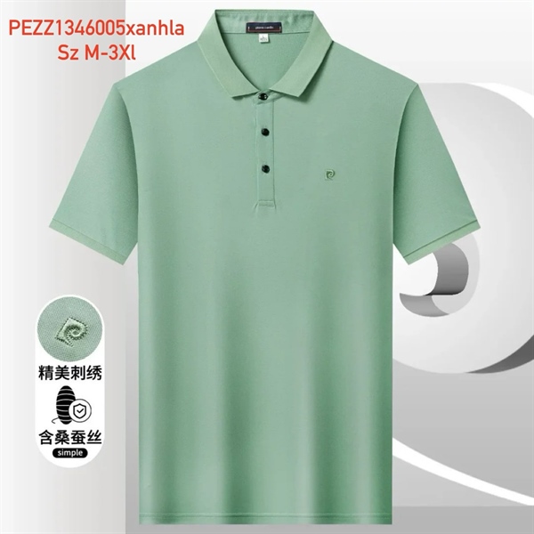 Áo polo nam PierreCardin tơ tằm logo thêu cúc cổ đen