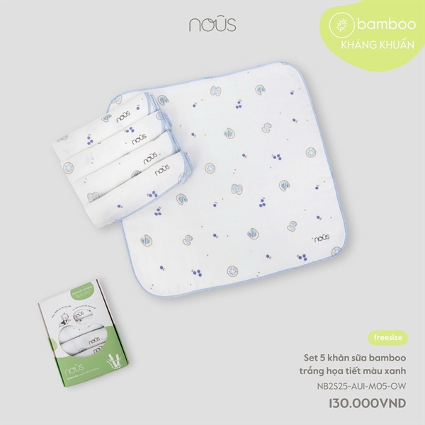 NS5000 - Set 5 khăn sữa bamboo trắng họa tiết màu xanh