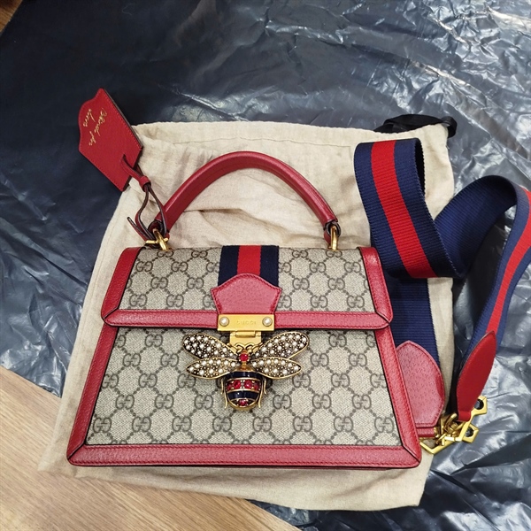 Túi GG Ophidia xám viền đỏ khóa con ong (476541-520981) sz26 +