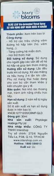 Xịt họng Henry Blooms Olive Leaf Bio-Fermented Throat Spray 30ml - Úc 2