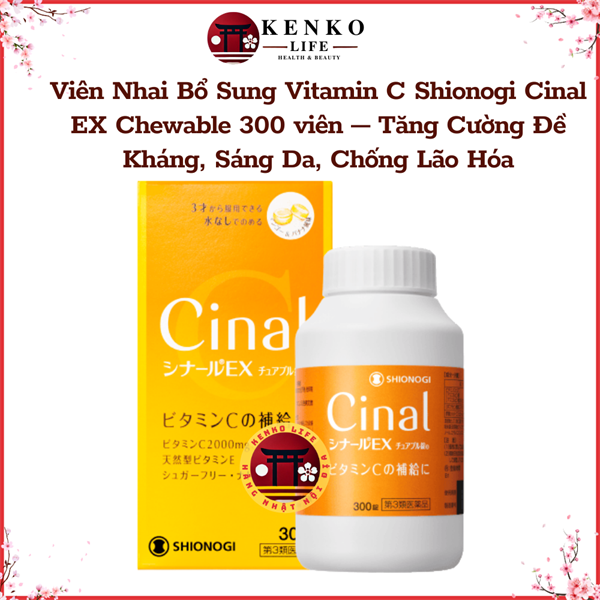 Viên Nhai Bổ Sung Vitamin C Shionogi Cinal EX Chewable (300 viên) – Tăng Cường Đề Kháng, Sáng Da, Chống Lão Hóa