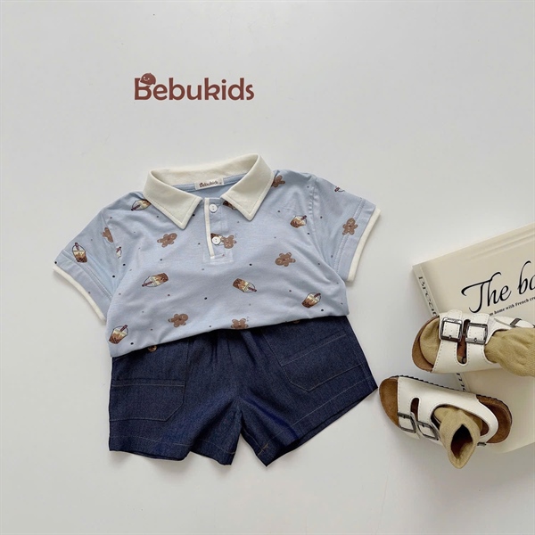 Polo xanh viền trắng trà sữa gấu