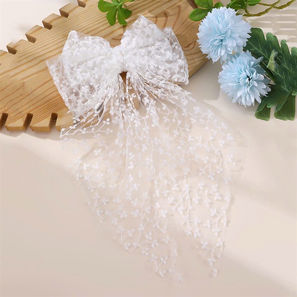 Nơ cài tóc cô dâu màu trắng họa tiết ren ren 3D - MẪU 3