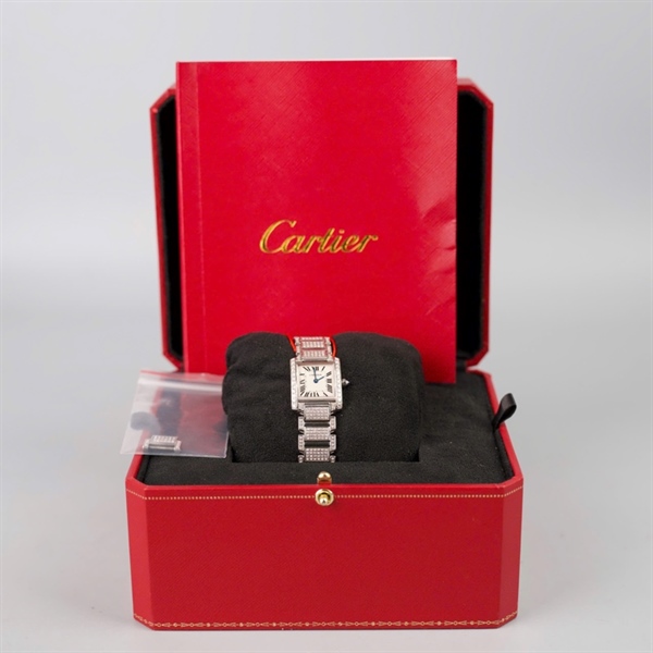 Đồng hồ Cartier bạc mặt vuông đính đá (144554CE) sz20mm (LTB) KG+