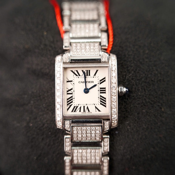 Đồng hồ Cartier bạc mặt vuông đính đá (144554CE) sz20mm (LTB) KG+