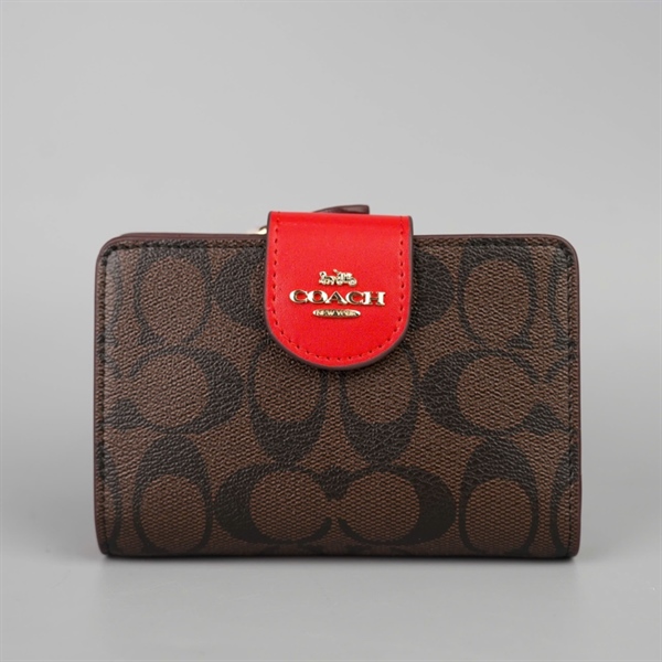 Ví Coach nâu đậm nắp đỏ +
