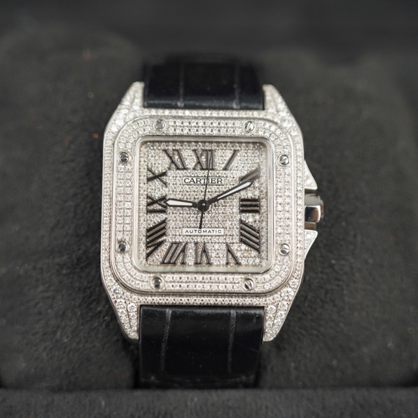 Đồng hồ Cartier mặt vuông đính đá quai đen (791341SX) sz32+