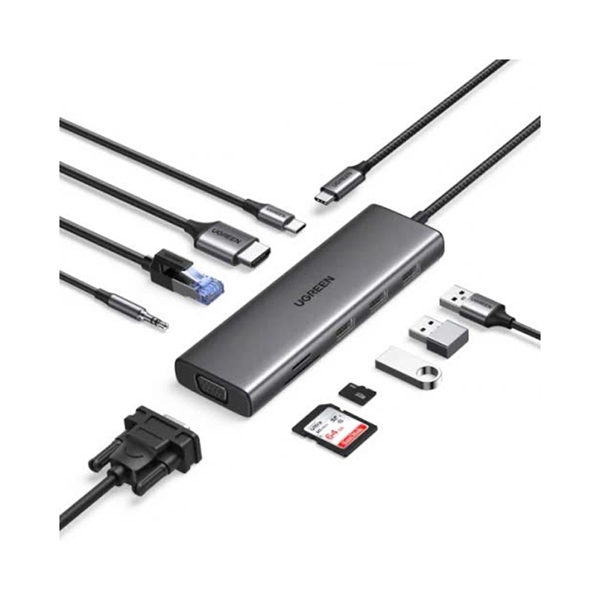 Bộ chuyển đổi 10 in 1 USB-C sang 3*USB 3.0+HDMI+VGA+RJ45+SD/TF+3.5mm+PD Ugreen (15601)