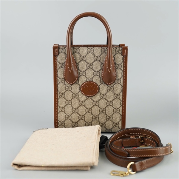 Túi GG Handle xám viền nâu sz15 +