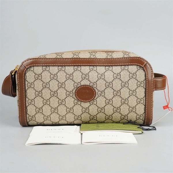 Túi GG Toiletry Pouch xám viền nâu sz26 (Manly) KG+