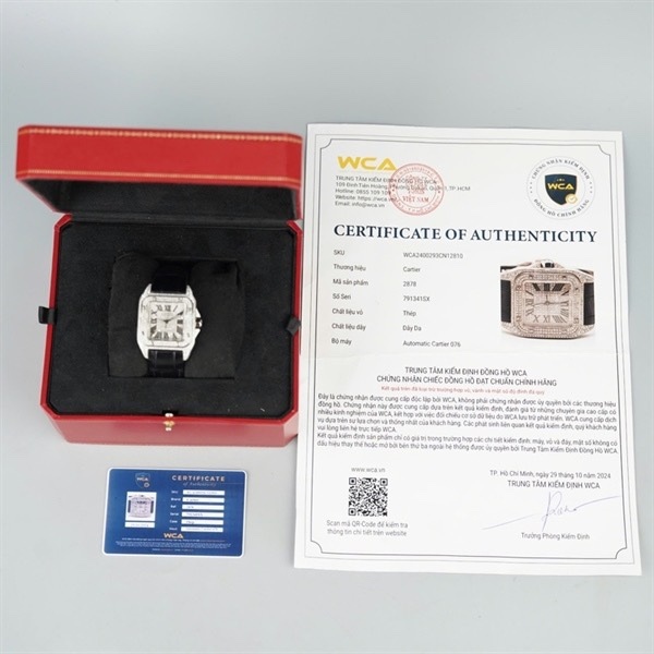 Đồng hồ Cartier mặt vuông đính đá quai đen (791341SX) sz32+