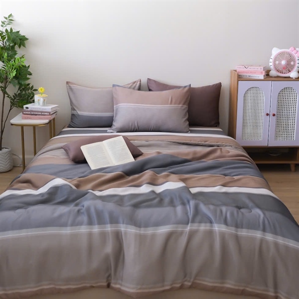 Ga lẻ (không vỏ gối) Tencel 60s họa tiết sọc ngang xám, nâu, trắng