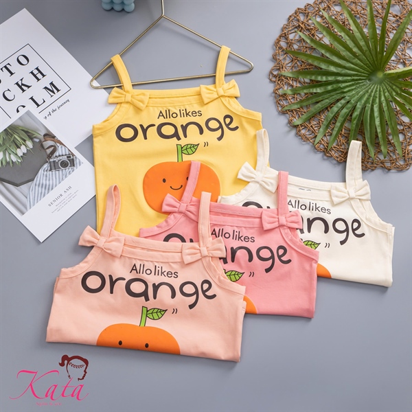 Áo Thun Hai Dây Bé Gái Kata Họa Tiết Cam Dễ Thương 12-35kg | Size 4-14