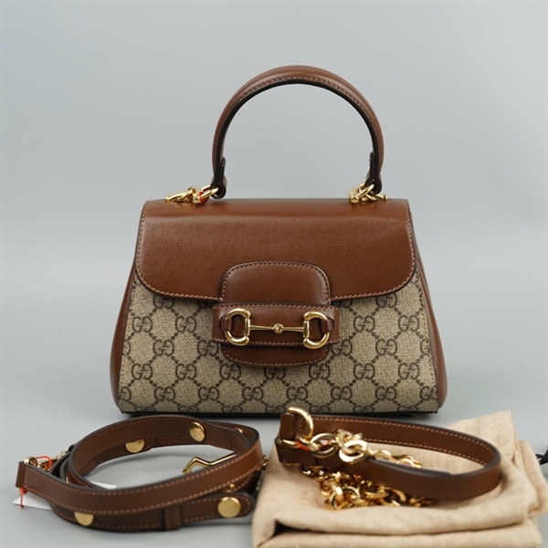 Túi GG Handle xám nắp nâu 2 strap (C039429293) sz22 KG+