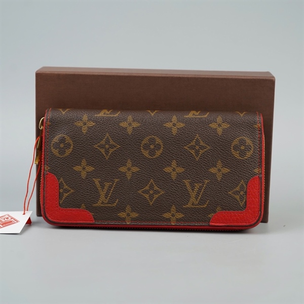 Ví LV hoa nâu góc đỏ có khóa zip (LT) KG+